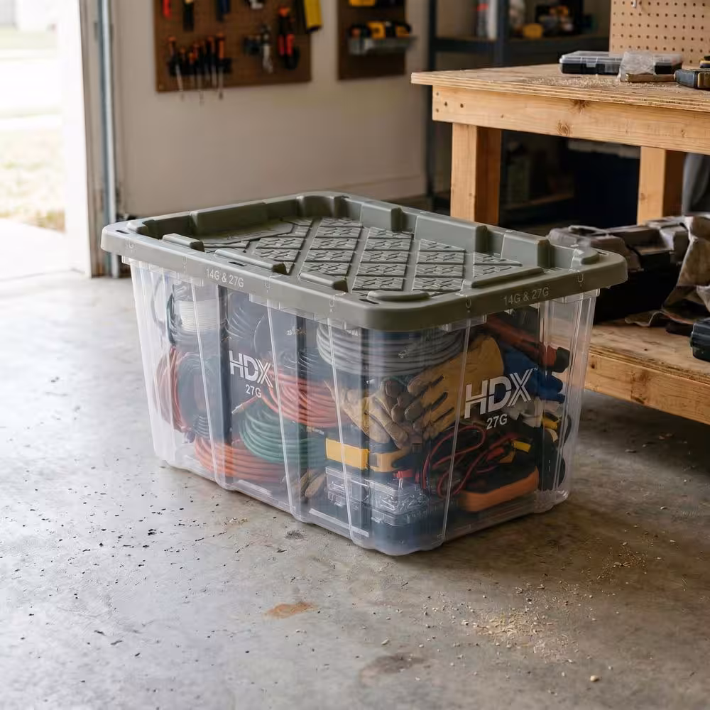 27 gal. Clear Tough Tote with Army Green Lid-4 Pack in use