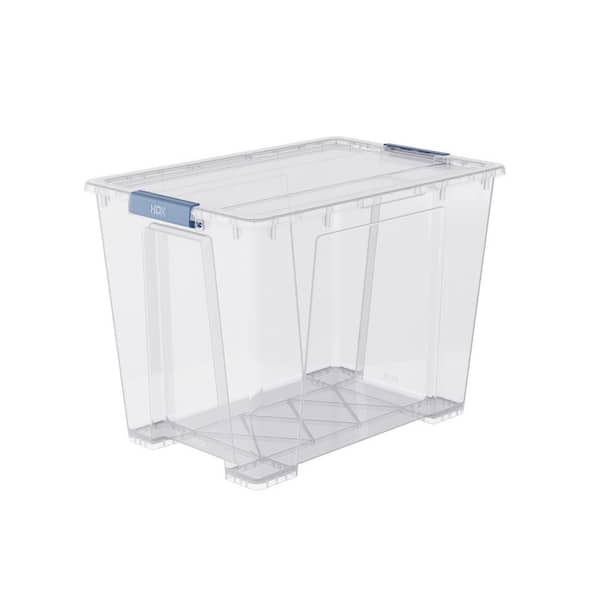 HDX 68-Qt. Clear Latching Vista Stack Storage Tote — 68 qt clear Vista Stack tote with blue latches; retailer photo, not to scale.